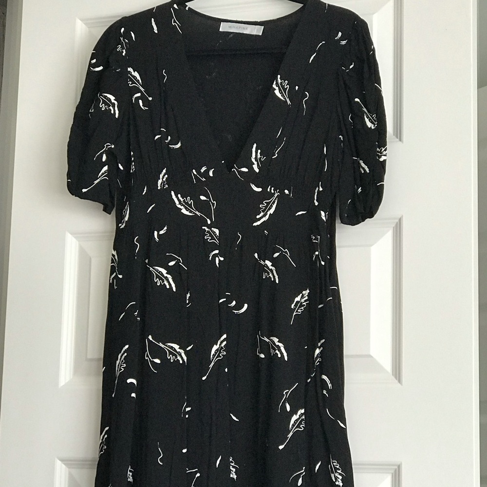MinkPink black dress with white feather pattern